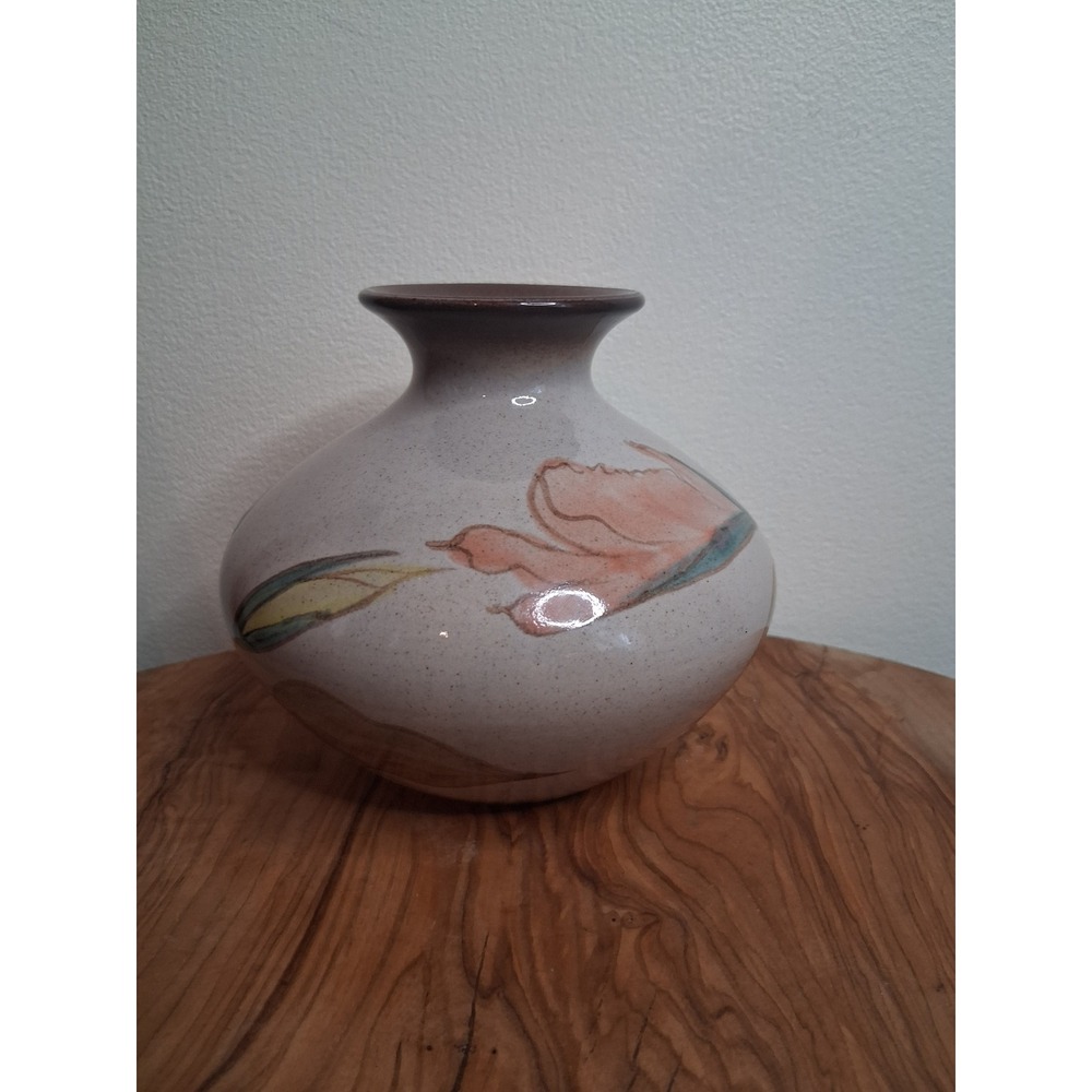 Denby Memories Vase Vintage England Stoneware Hand Painted Floral Speckled Glaze